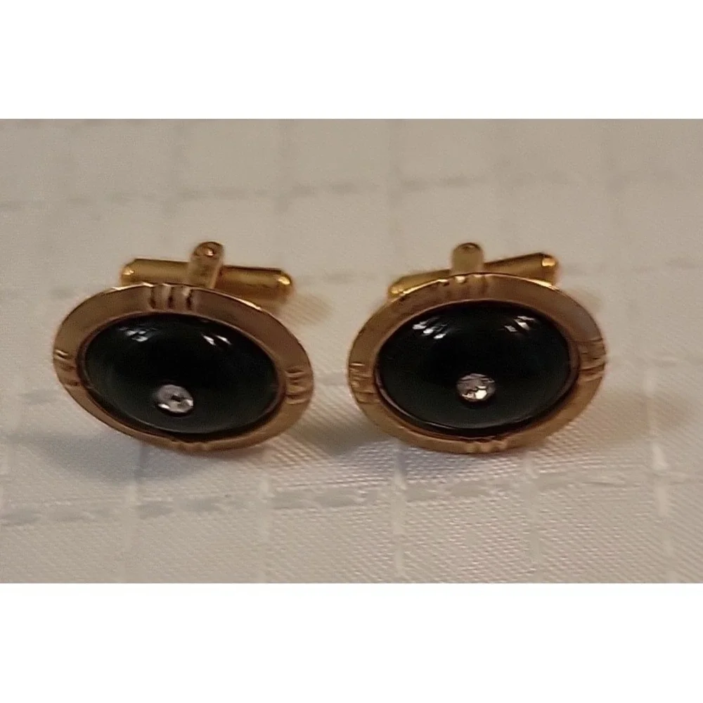 Vingtage Metal Gold Tone Money‎ Clip, Cufflinks, Tie Clip Onyx Clear Stone
